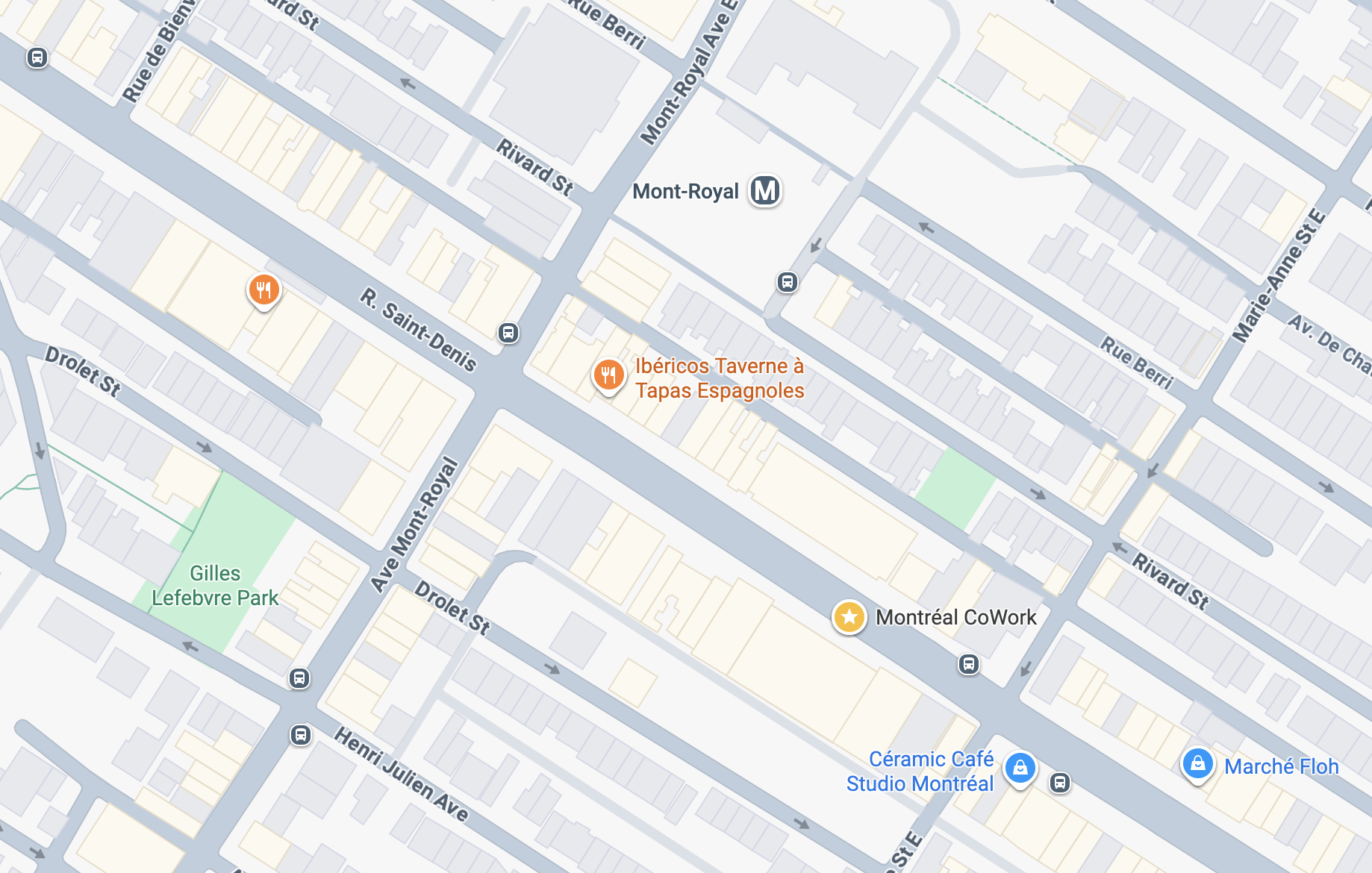 A map depicting the location of Montréal CoWork in relation to Rue Saint-Denis and Avenue Mont-Royal. Montréal CoWork is located due east-southeast of the intersection of Rue Saint-Denis and Avenue Mont-Royal.
